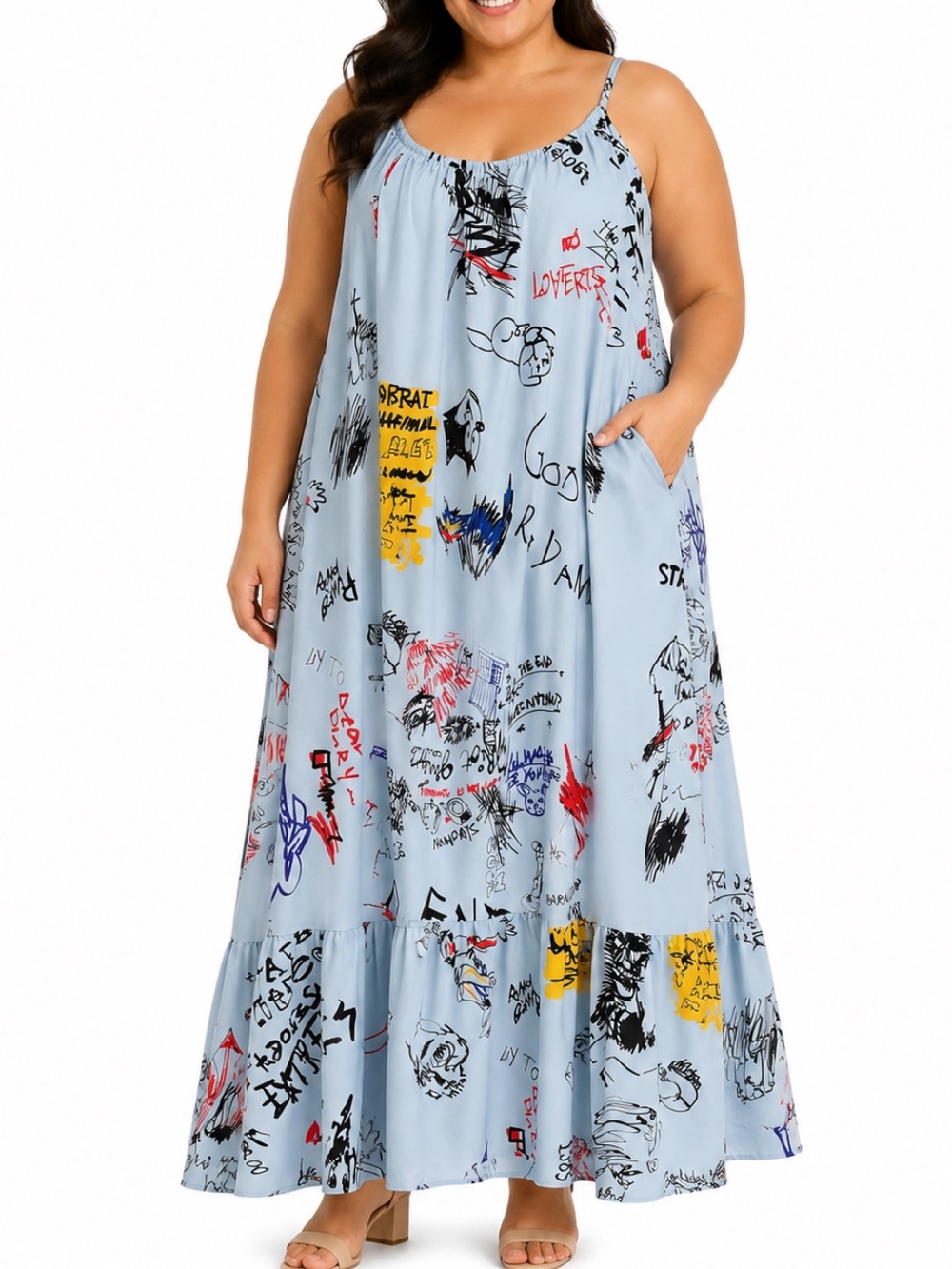 Plus Size blue graffiti print spaghetti strap pocket maxi dress size 6XL